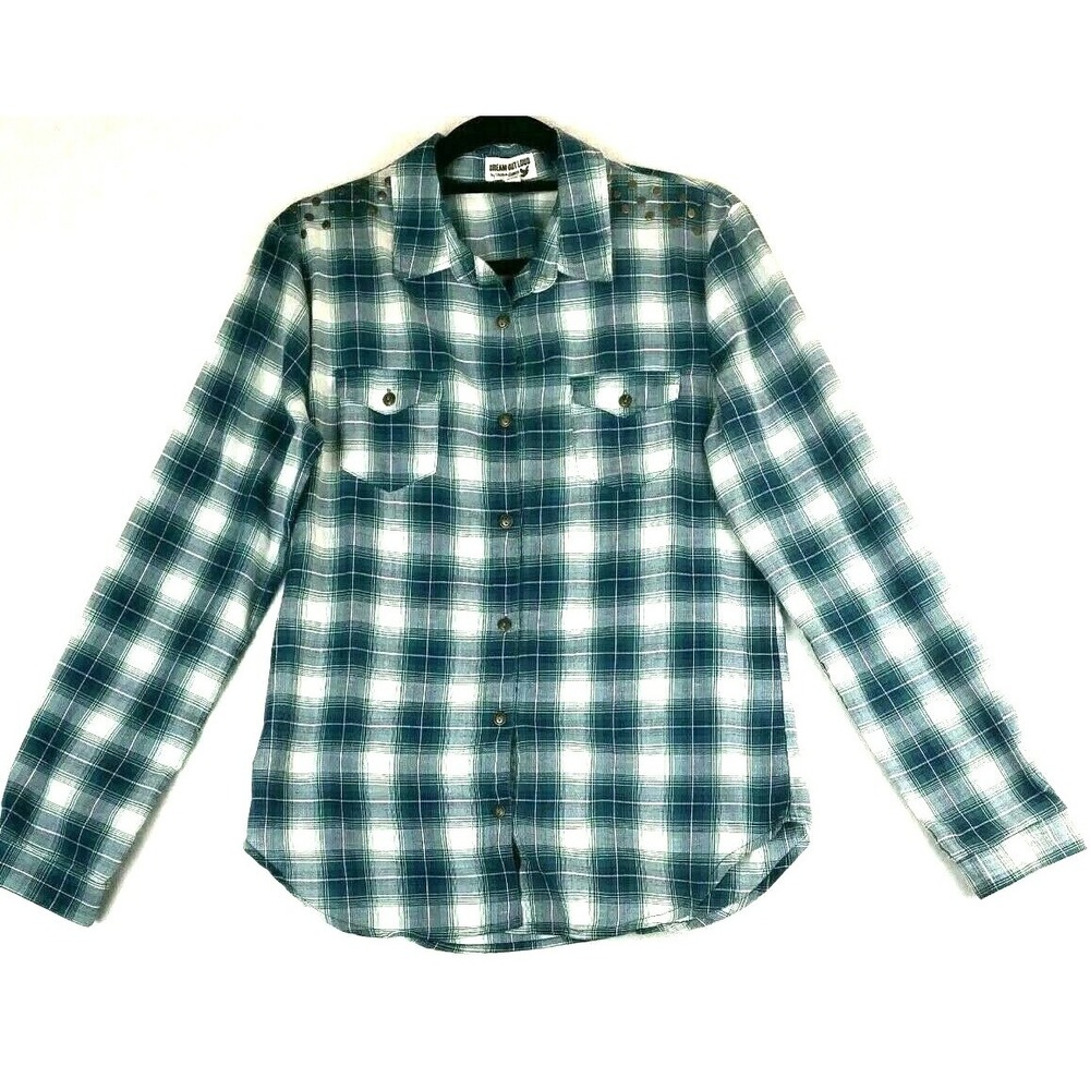 Dream Out Loud Selena Gomez Women Junior L Button Up Shirt Blue Plaid Western
